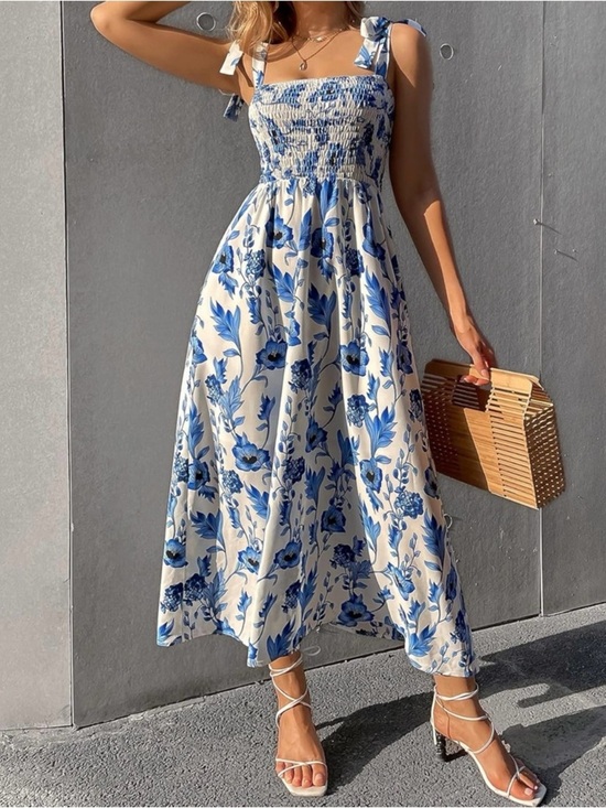 None Dresses & Skirts - NWOT Stunning Blue Floral Tie-Shoulder Midi Dress size Large